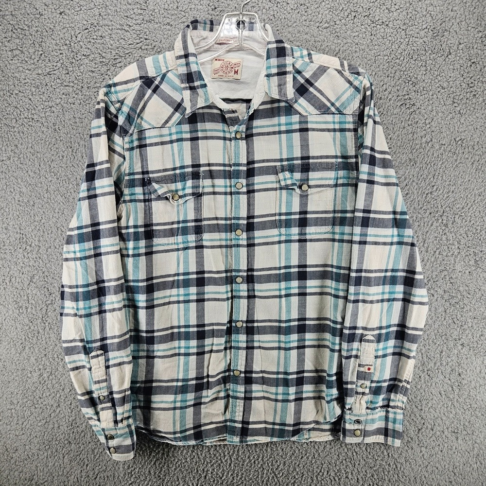Lucky Brand Mens California Fit Plaid Western Snap Shirt Blue Cream Size M